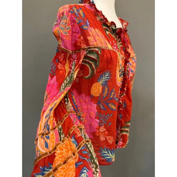 FARM Rio Mystic Bush Ruffled Blouse Floral Bird Print Button Front Ruffled Red M - Picture 7 of 16